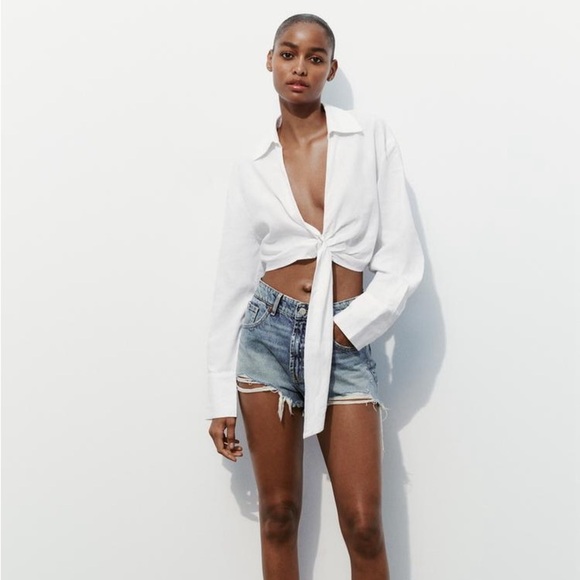 NWT ZARA BUCKLED LINEN SHIRT M | Ecru - Picture 2 of 3